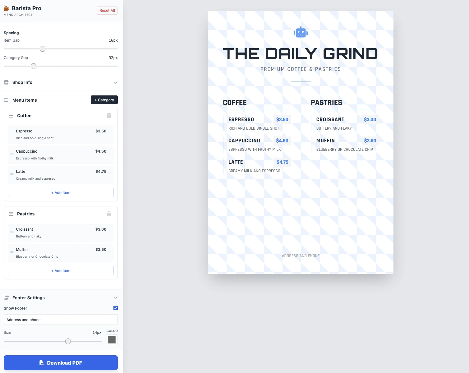 Barista Designer - After second prompt - Menu preview
